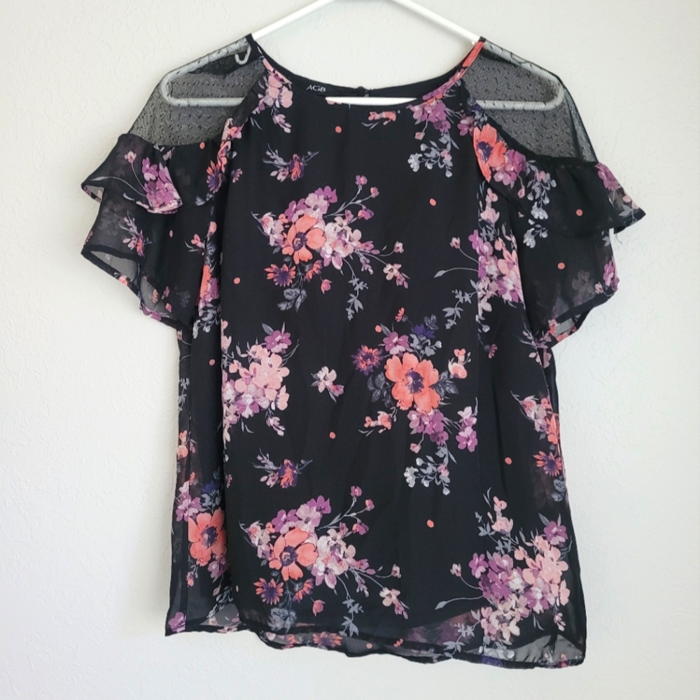 Women's AGB Sheer Lace Blouse, size Small, Black Floral